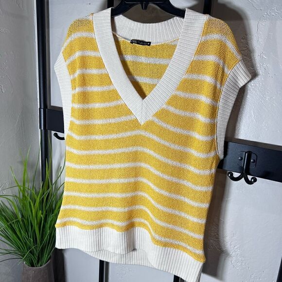 Zara Women’s V-Neck Striped Oversized Knitted Vest Yellow, Size Small - Picture 8 of 13